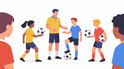 Obraz premium Soccer Coach Teaching Kids Football Skills on White Background