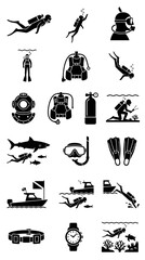 Scuba Diving Icons Set: Divers, Equipment, Marine Life, Underwater Activities © sardi