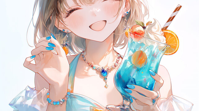 開放感あふれる夏のレジャーシーンで飲み物を楽しむおしゃれな女の子のアニメ風イラスト、レジャー、海辺、旅行、休日、青春、飲み物、アイスクリーム、ソーダ、カフェ、スイーツ、デザート、人物、ポートレート、笑顔、おしゃれ、ファッション、アクセサリー、屋外、夏休み、観光、バカンス、思い出、爽快感、可愛い、背景素材、挿絵、広告、販促、ポスター、SNS、ヘッダー、サムネイル、テンプレート、女子旅、透明感、日差し