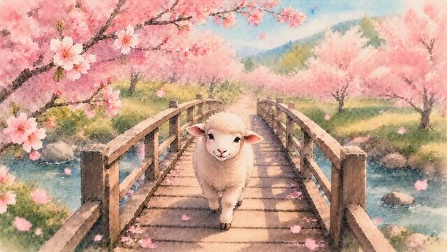 桜の橋を渡る子羊 春の水彩イラスト