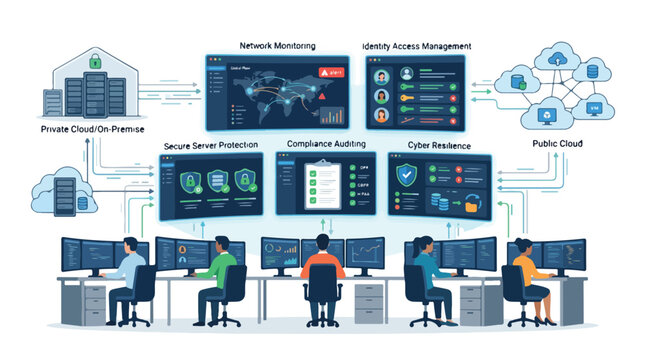 Security Operations Center SOC team monitoring cyber threats and cloud infrastructure.