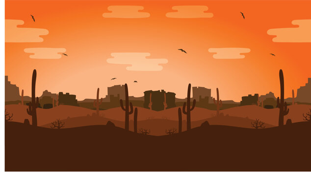 Cartoon Desert Landscape Background with Cactus Silhouettes for 2D Platform Games