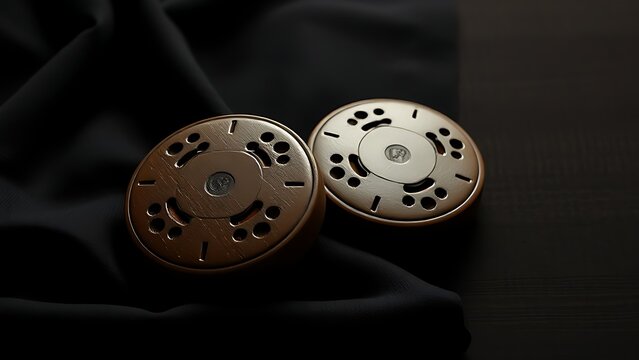 Traditional flamenco castanets resting on dark textured fabric.