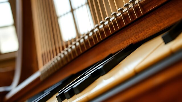 Baroque harpsichord with detailed woodwork and black and white keys.