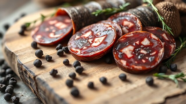 Close-up of dark marbled saucisson slices on a rustic wooden board.