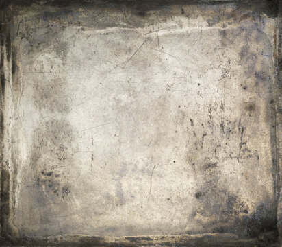 Vintage daguerreotype metal photo plate background, texture with heavy scratches, dirt, fingerprints, and dark vignette