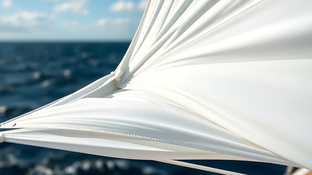Close-up of taut spinnaker sail fabric bulging under strong wind.