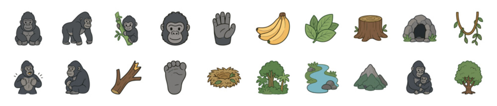 Collection of cartoon gorilla characters and jungle elements, including a baby gorilla, adult gorillas, a gorilla face, hand, and foot, along with bananas, leaves, a tree stump, a cave,