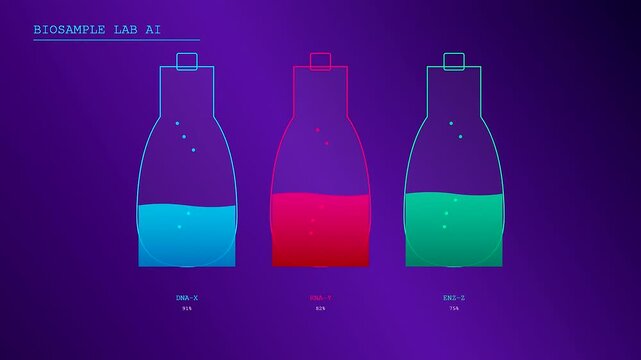 Futuristic research involving AI Medical Diagnostics displays three glass flasks with glowing fluids while animated particles float upwards against a dark digital background during testing