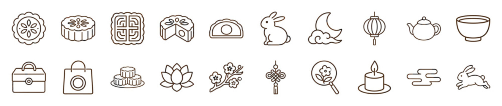 Collection of brown outline icons representing various elements of the Mid-Autumn Festival, including mooncakes, lanterns, and rabbits