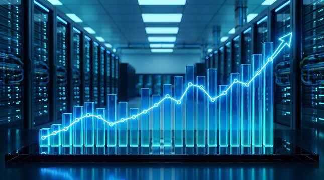 Digital Growth Chart with Upward Arrow Over Server Racks in Data Center