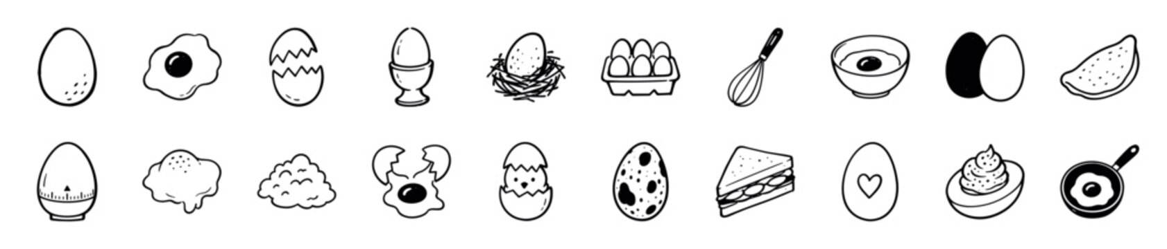 Collection of hand-drawn egg icons in various forms, including whole, cracked, fried, boiled, and scrambled, with kitchen tools