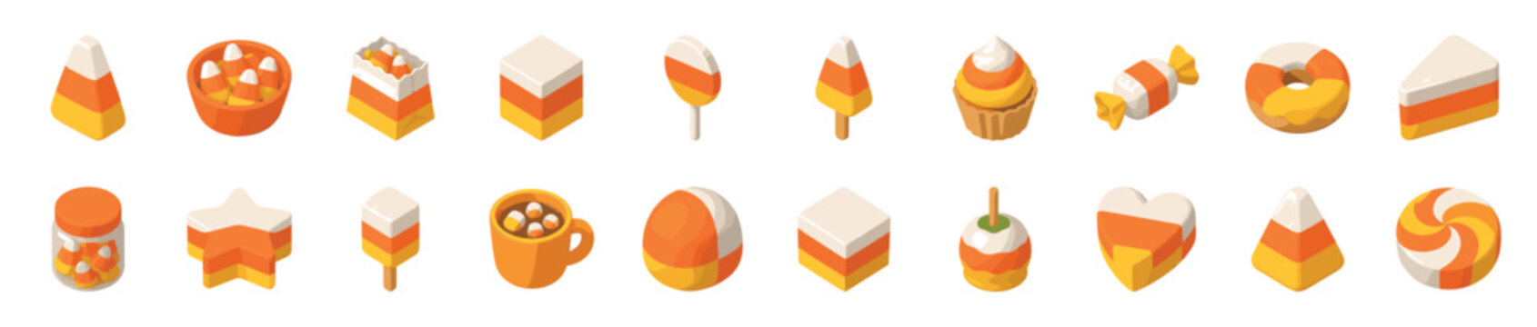 Collection of various isometric candy corn themed sweets and treats in orange, yellow, and white colors