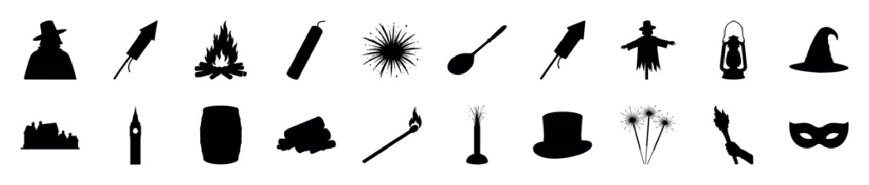 Collection of black silhouettes representing various objects associated with Guy Fawkes Night, including fireworks, a bonfire, and a masked figure, arranged in a grid