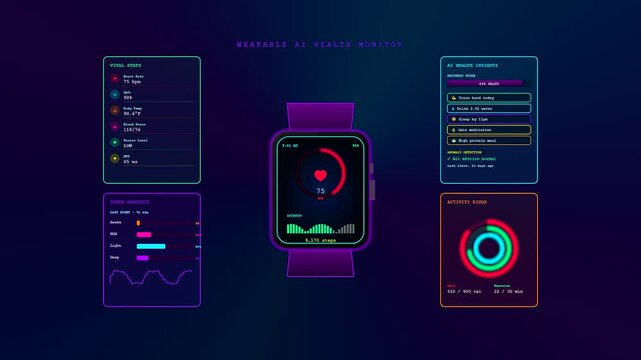 A sophisticated AI Medical Diagnostics dashboard displays vital physiological data points on a wearable device interface in this professional motion graphic animation of health monitoring systems