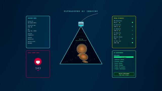 A digital AI Medical Diagnostics interface displays a fetal ultrasound scan with real time biometry data analytics and vital sign monitoring in a modern medical laboratory environment