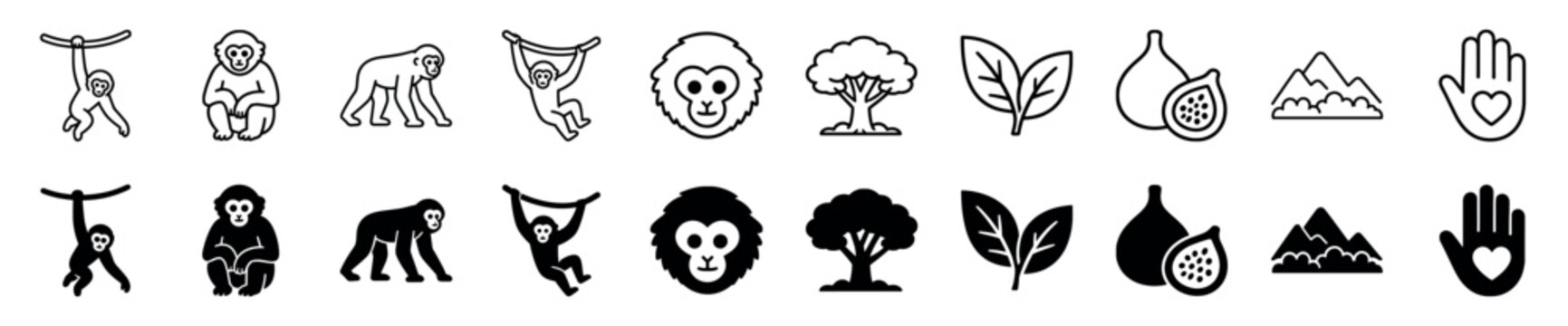 Collection of black and white line art and solid icons depicting monkeys, trees, leaves, figs, mountains, and a hand with a heart