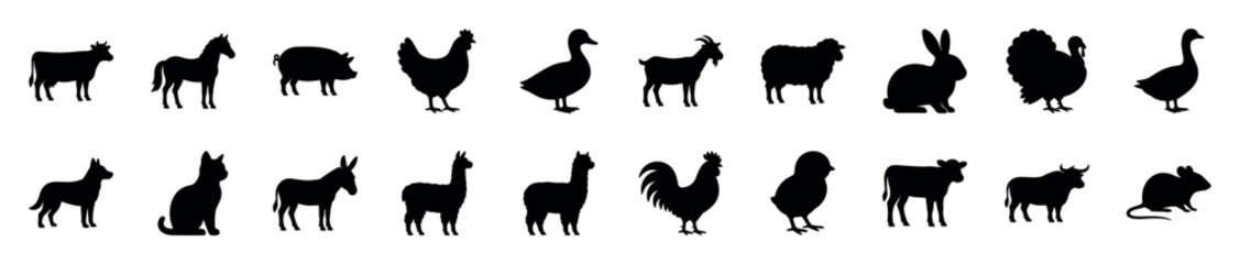 Fototapeta premium Collection of various black farm animal silhouettes including a cow, horse, pig, chicken, duck, goat, sheep, rabbit, turkey, goose, dog, cat, donkey, llama, rooster, chick, calf, bull, and