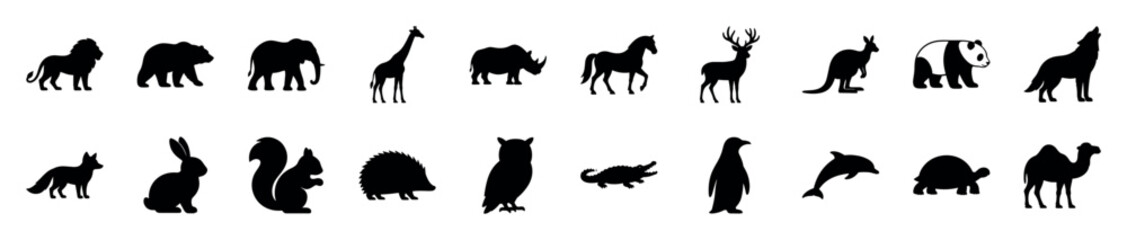 Obraz premium Collection of various animal silhouettes in black, including a lion, bear, elephant, giraffe, and many more, presented in a clean, graphic style