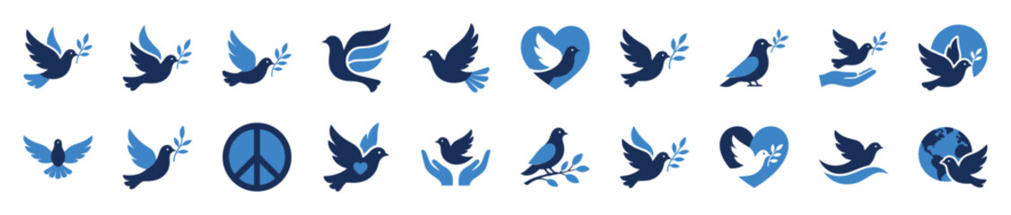 Fototapeta premium Collection of blue and dark blue dove icons in various poses and compositions, symbolizing peace and hope