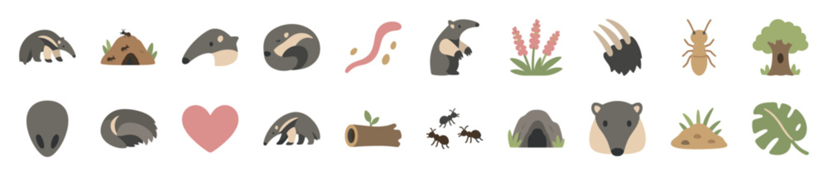 Collection of cute cartoon anteater and badger icons with various nature elements in a flat, minimalist style