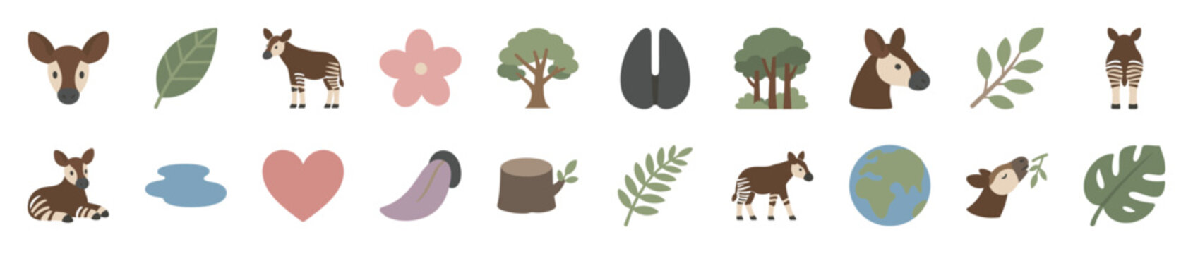 Collection of cute okapi and nature-themed icons in a flat, simple, and charming illustration style