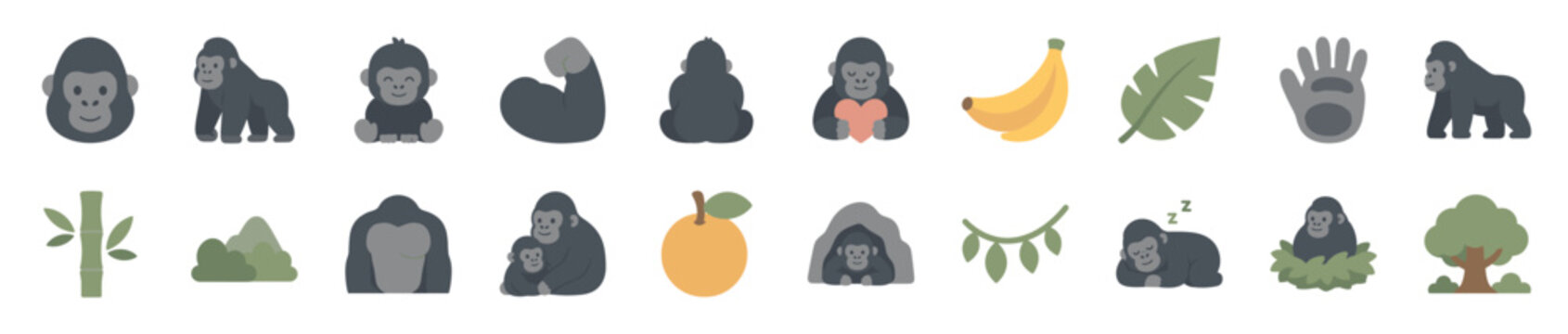 Collection of flat design gorilla icons in various poses and expressions, along with jungle elements, presented in a clean, simple style