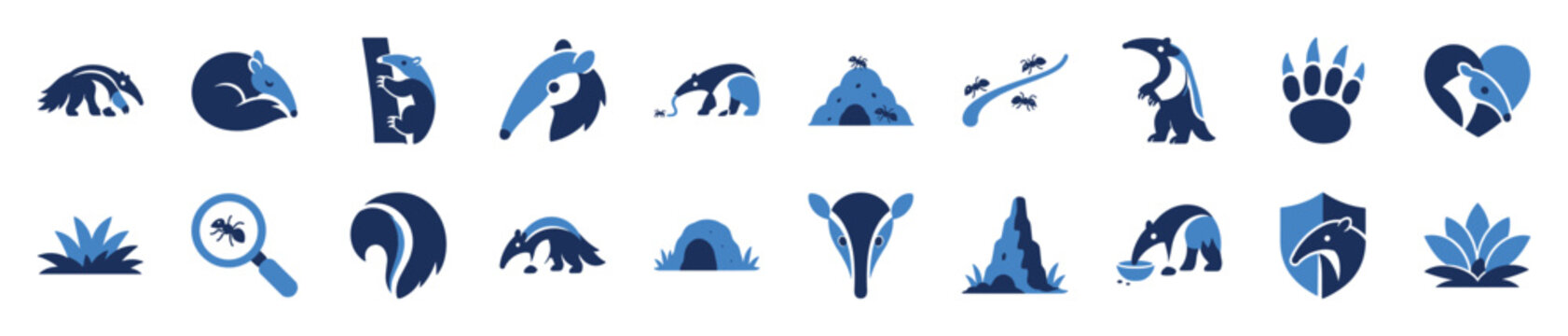 Collection of stylized blue and dark blue anteater icons in various poses and actions, including eating ants, sleeping, and climbing