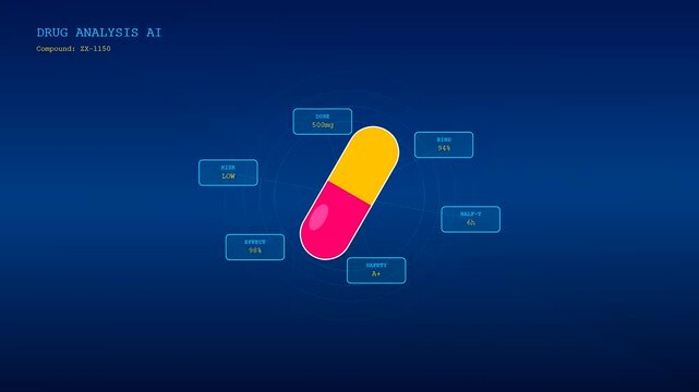 This futuristic interface for AI Medical Diagnostics visualizes a rotating pharmaceutical capsule and floating data metrics to represent the complex process of automated drug substance discovery.