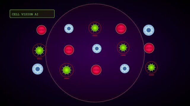 A futuristic animation showing AI Medical Diagnostics software scanning blood cells and identifying green virus threats with a circular interface in a dark laboratory setting.