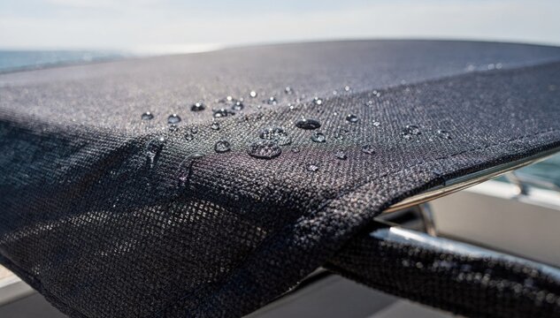 Closeup medium shot of UVresistant bimini fabric stretched over a boat canopy demonstrating water repellency and sturdiness against harsh sunlight and weather.