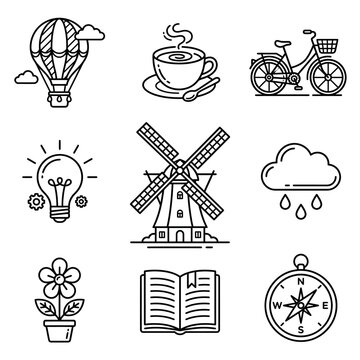 Vector Icons Set: Hot Air Balloon, Coffee, Bicycle, Idea, Windmill, Rain, Flower, Book, Compass