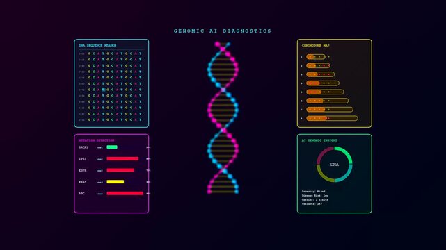 Innovative AI Medical Diagnostics software interface displays real time genetic mutation analysis with animated DNA strands and data visualization panels on a dark high tech background