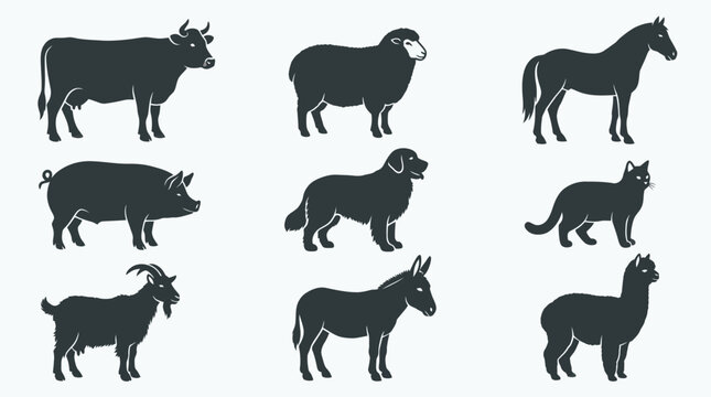 A monochrome flat vector icon set of 9 detailed domestic mammals with thick body shapes, realistic fur texture, hoof and paw details, standing poses, natural animal anatomy, balanced silhouette compos