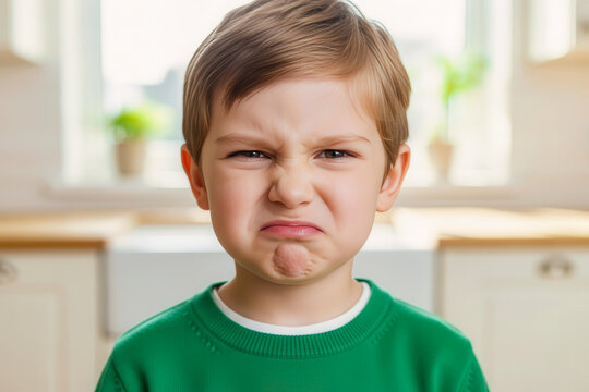 Upset Young Boy Making a Funny Grumpy Face in a Home Setting