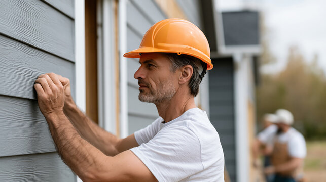 Builders installing exterior siding and trim on a house, combining functionality and design for insulation concept, with copy space