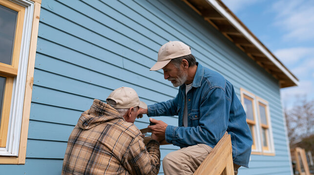 Builders installing exterior siding and trim on a house, combining functionality and design for insulation concept, with copy space