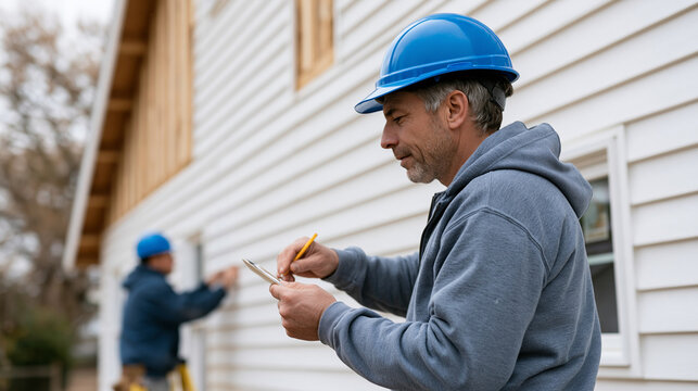 Builders installing exterior siding and trim on a house, combining functionality and design for insulation concept, with copy space