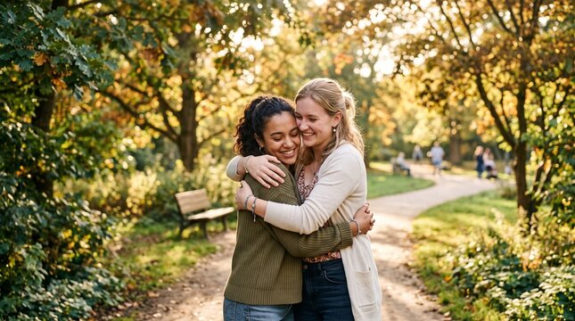 Two women embrace tenderly in a sun-dappled park, their genuine affection palpable as they share a warm hug amidst the tranquil beauty of nature.