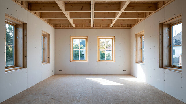 Unfinished interior of a house under construction with framing and plasterboard walls, renovation progress concept, with copy space