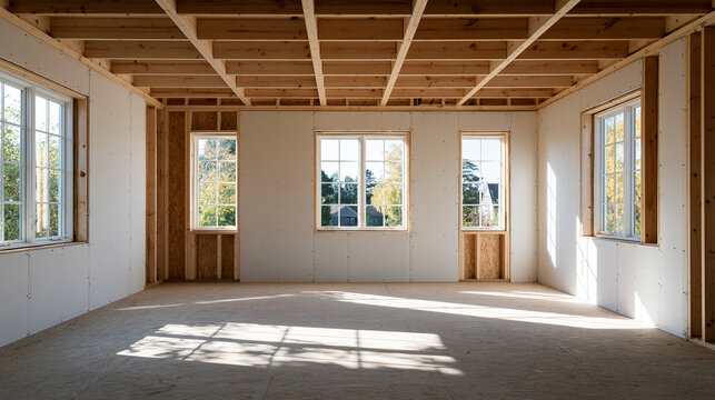 Unfinished interior of a house under construction with framing and plasterboard walls, renovation progress concept, with copy space