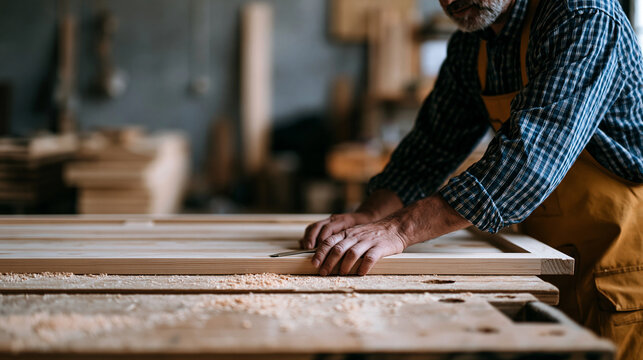 Interior decorator doing woodwork in a house for renovation, skilled craftsmanship and DIY concept, with copy space