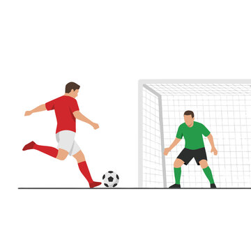 Soccer player taking a penalty kick against the goalkeeper during a football match. Flat vector illustration of a striker shooting the ball into the goal post isolated on white background.