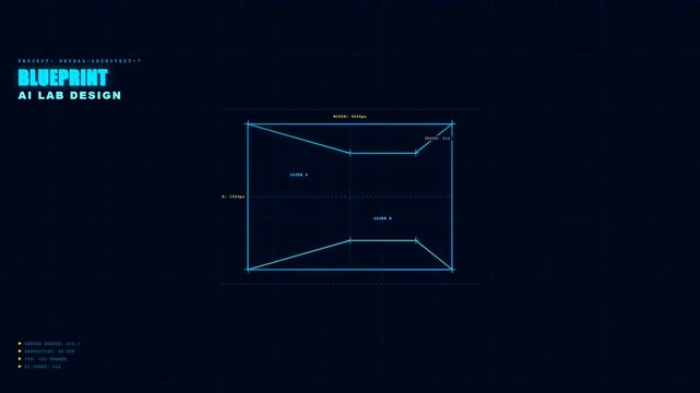 A digital Ai Lab Discovery is depicted through a minimalist wireframe animation screen showing the structural layout of a futuristic virtual space for complex computational analysis