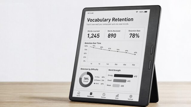 E-Reader Tablet Displaying Vocabulary Retention Data and Progress Analytics Dashboard on Wooden Table
