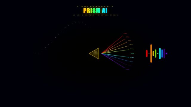 A conceptual Ai Lab Discovery animation showcases a glowing triangular prism decomposing light into a vibrant rainbow spectrum while dynamic digital sound wave visualizers pulse with rhythmic energy