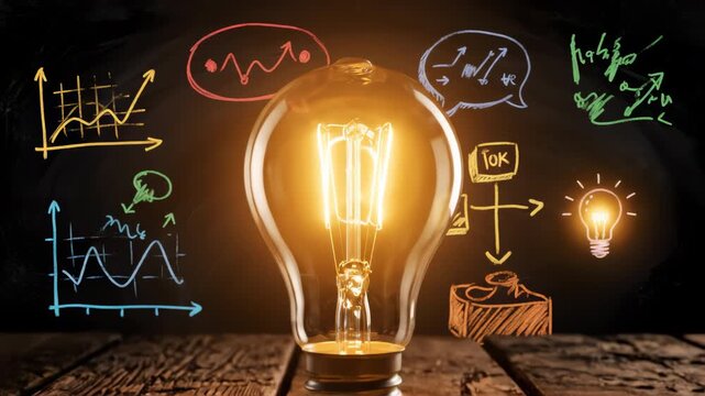 A glowing light bulb is surrounded by colorful hand-drawn diagrams and symbols on a dark background