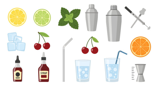 Cocktail ingredients and tools for making lemon-lime soda with cherries and mint, including ice, syrups, glasses, straws, and shaker, perfect for bartenders and home bar setups