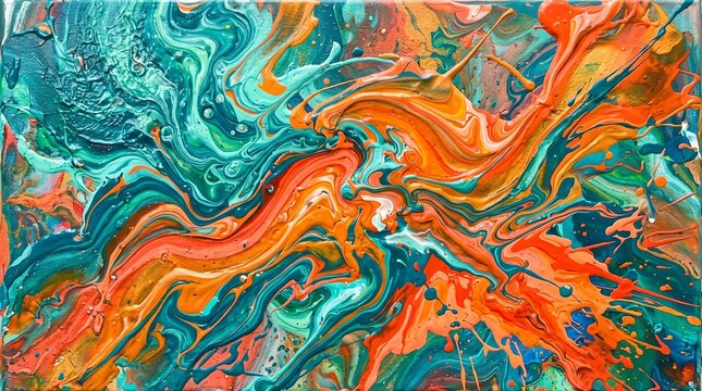 Colorful acrylic pour painting with swirling orange and teal fluid ink marble effect painting swirling abstract colorful creative expression contrast artistic marbling backdrop background