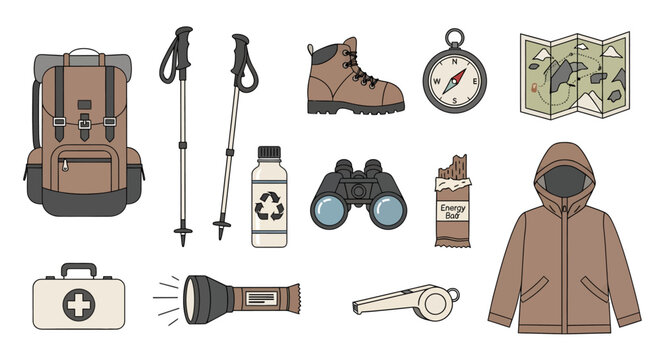 Camping Gear and Equipment Illustration for Outdoor Adventure, Hiking, Trekking, Backpacking, Exploration, Nature, Travel, Wilderness, Survival, Climbing, Backpack, Boots, Map, Compass, Binoculars